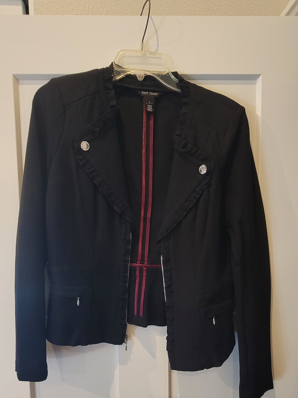 White House Black Market Black Ruffle Zip-Up Peplum Ponte Jacket Size 8